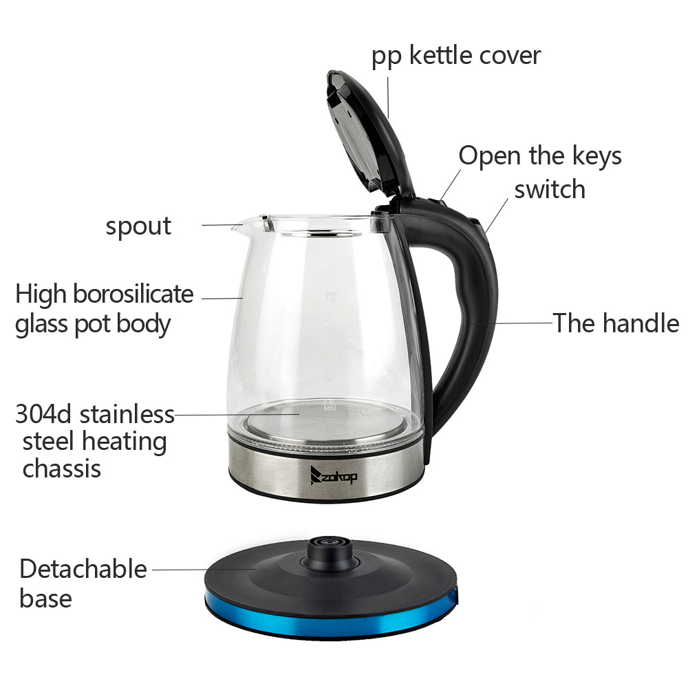 Zokop High Quality 1.8L Electric Glass Kettle 220V 2000W UK Plug