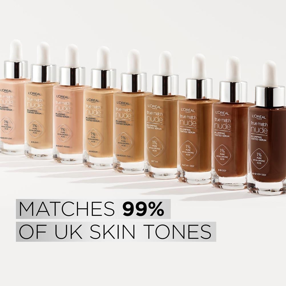 L'Oréal Paris Nude Tinted Serum for Face, Shade 4-5 Medium, Plumping and Hydrating Face Makeup, 1 Percent Pure Hyaluronic Acid, Nude Foundation to Cover, Replumps and Hydrates Skin in One Hour