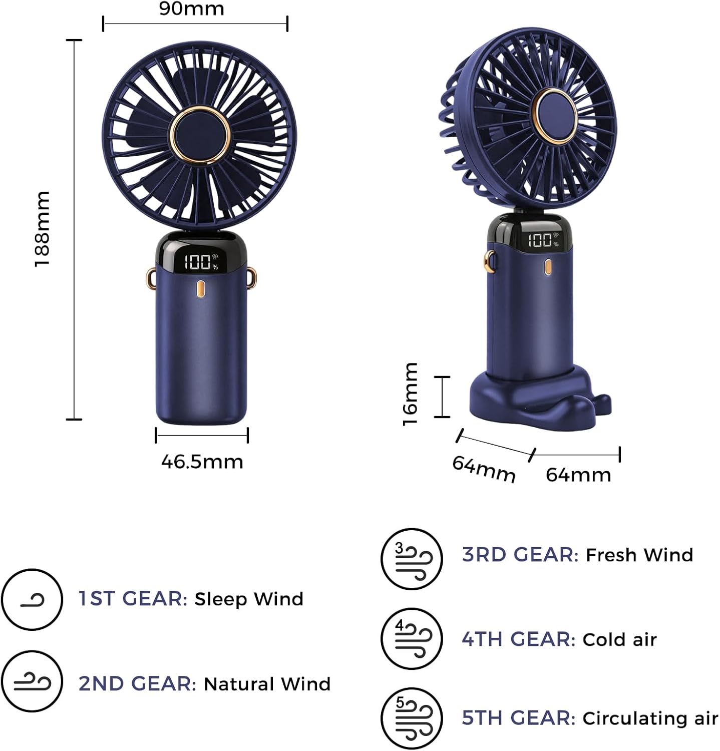 Jsdoin Hand Held Fan,Portable Handheld USB Rechargeable Fans with 5 Speeds,Battery Operated Mini Fan Foldable Desk Desktop Fans with LED Display for Home Office Bedroom Outdoor Travel (Darkblue)