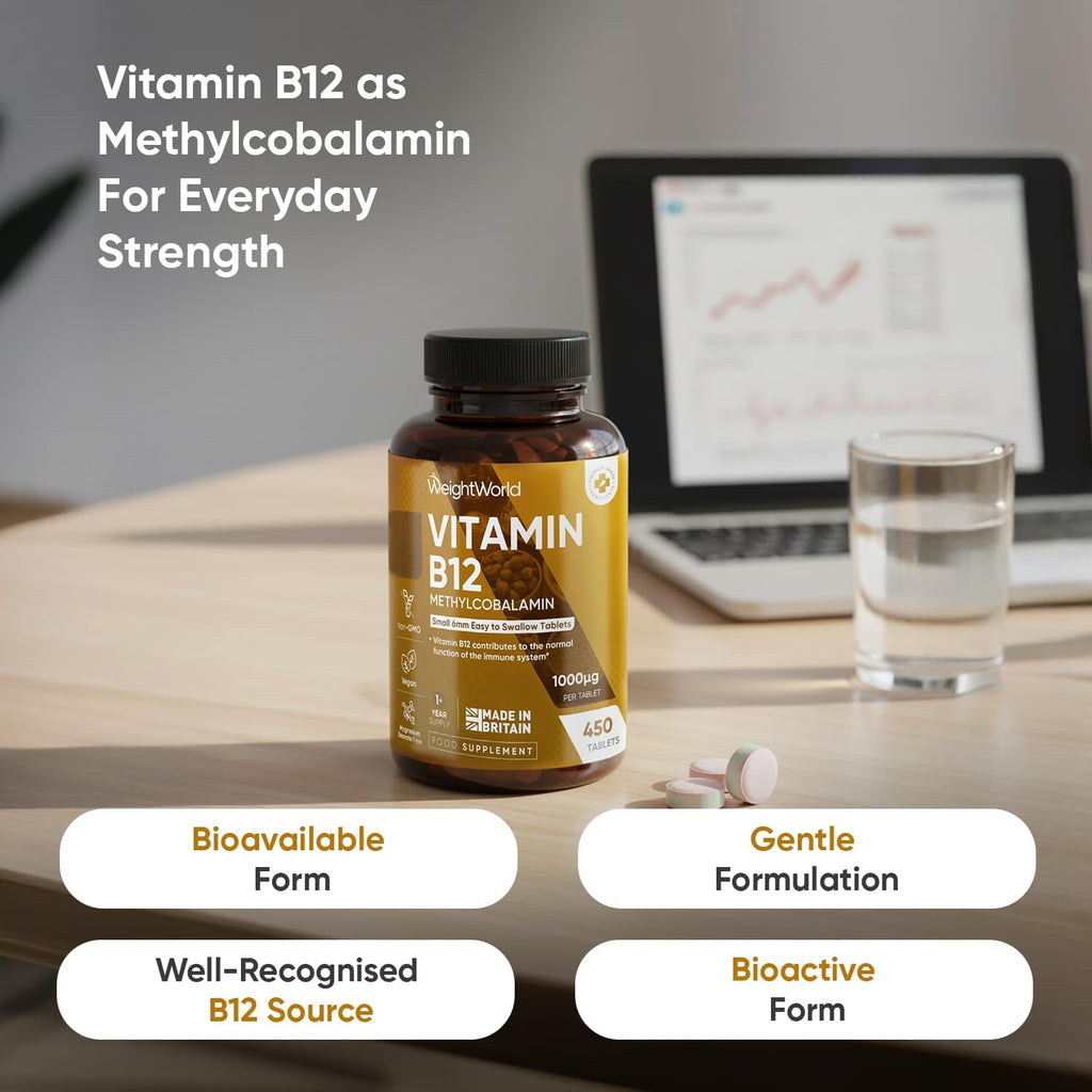 Vitamin B12 Tablets - 450 Tablets (1+ Year Supply) - 1 per Day - 1000Mcg - 6Mm in Size - Easy to Swallow - Methylcobalamin Form - Vegan Vitamin B12 Supplement for Men & Women - Made in the UK