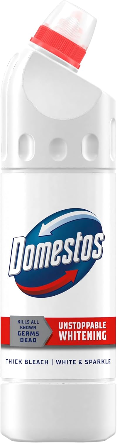 Domestos White & Sparkle Thick Bleach Disinfectant That Eliminates 99.99% of Bacteria and Viruses* Unstoppable Whitening Power 750 Ml