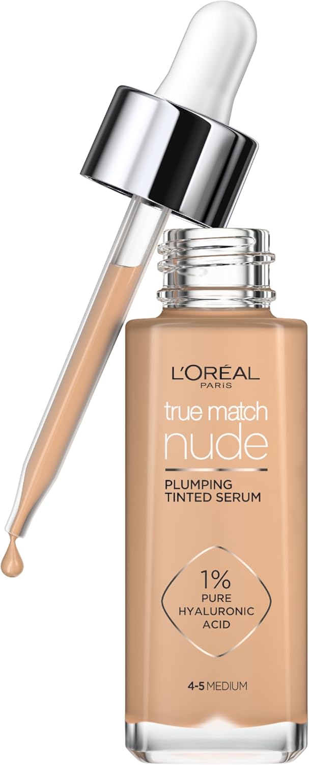 L'Oréal Paris Nude Tinted Serum for Face, Shade 4-5 Medium, Plumping and Hydrating Face Makeup, 1 Percent Pure Hyaluronic Acid, Nude Foundation to Cover, Replumps and Hydrates Skin in One Hour