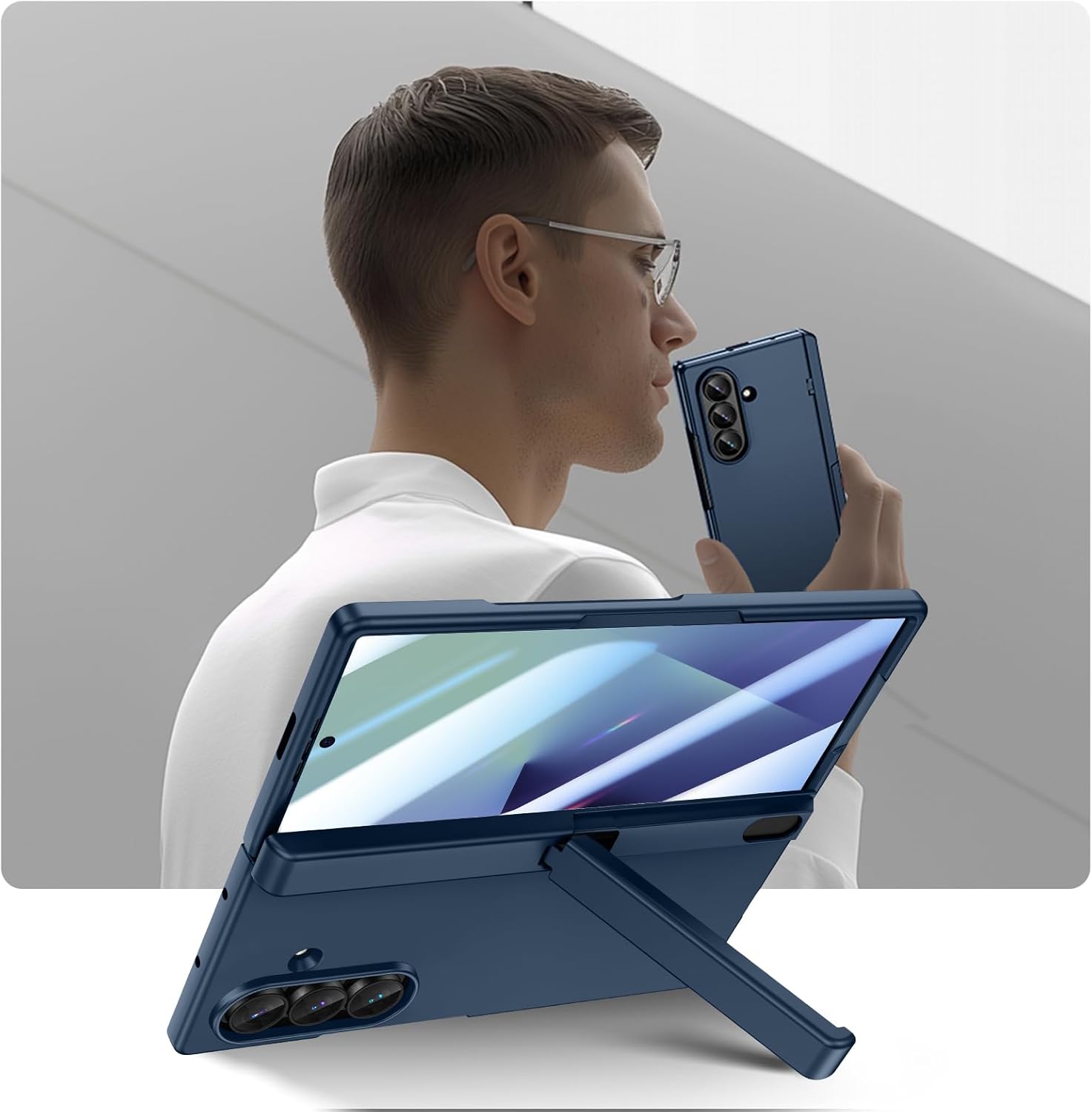 Doeshine for Samsung Galaxy Z Fold 7 Case with Kickstand Military-Grade Shockproof Protective Phone Case Cover (Blue) & Front Screen Protector, [Support Wireless Charging] Magnetic Hinge Protection, 