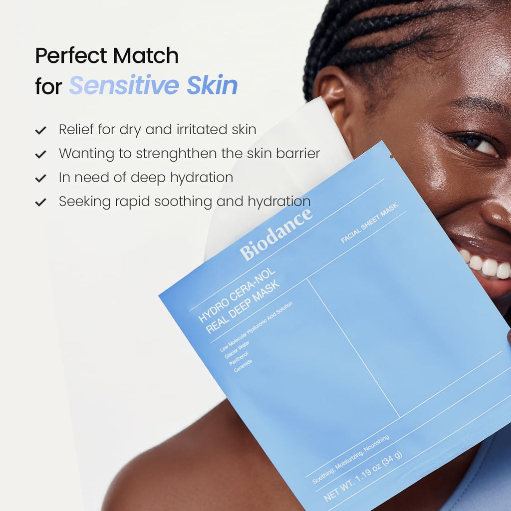 BIODANCE Hydro Cera-Nol Real Deep Face Mask 4 Pcs | after Sun Care, Sunburn Relief, Soothing | Hydrogel Overnight Mask | Korean Face Mask for Glass Skin | Korean Skincare