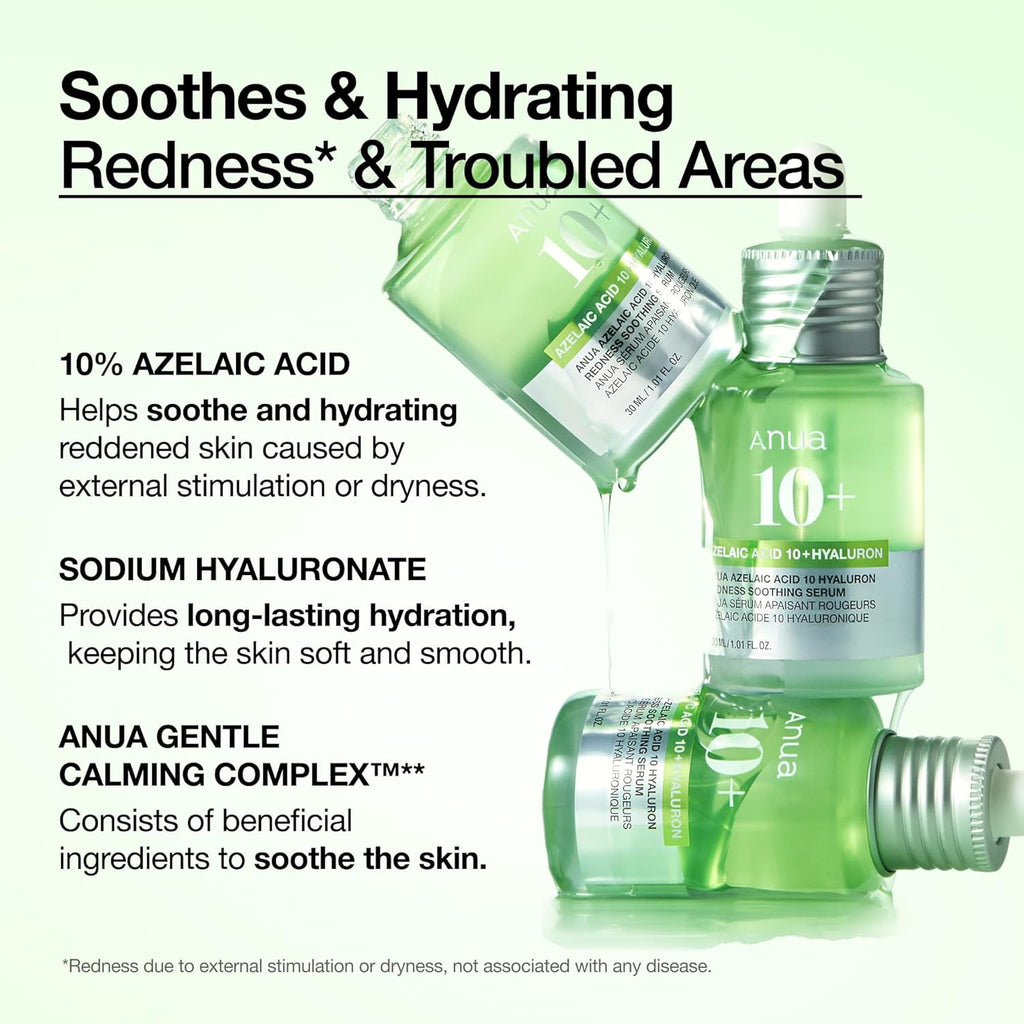 Anua Azelaic Acid 10 Hyaluron Redness Soothing Serum, Facial Serum for Blemish-Prone & Oily-Prone Skin, Lightweight & Hydrating Blemish Care, Hyaluronic Acid, Korean Skincare, 30Ml
