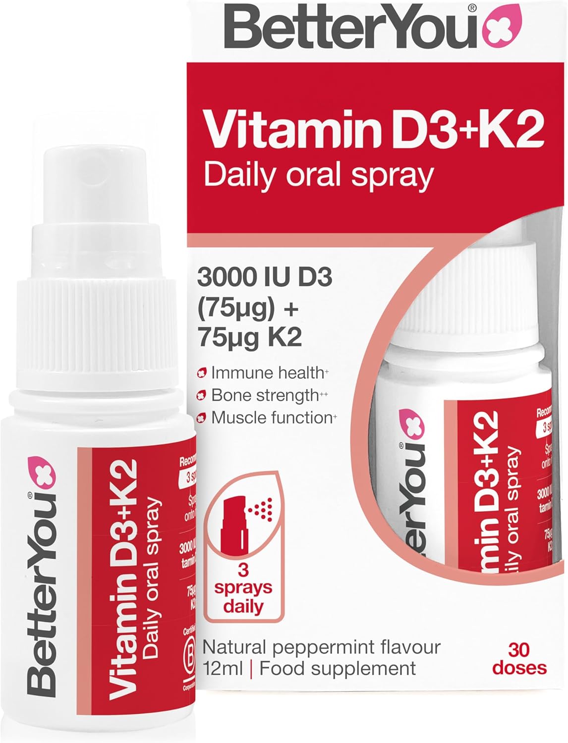 Betteryou Vitamin D3 K2 Oral Spray, Fast Acting Vitamin D 3000 IU + Vitamin K2 (MK7) Supplement, Supports Bones, Teeth