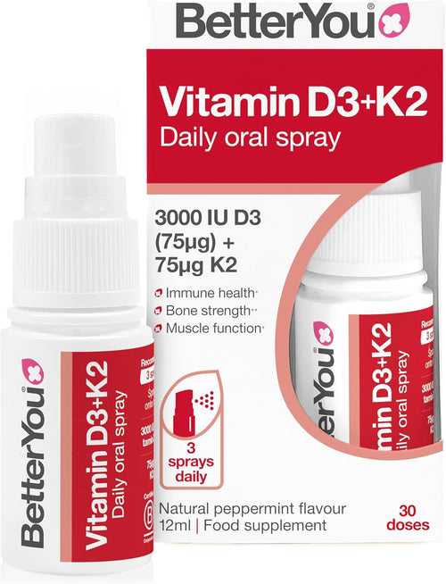 Betteryou Vitamin D3 K2 Oral Spray, Fast Acting Vitamin D 3000 IU + Vitamin K2 (MK7) Supplement, Supports Bones, Teeth