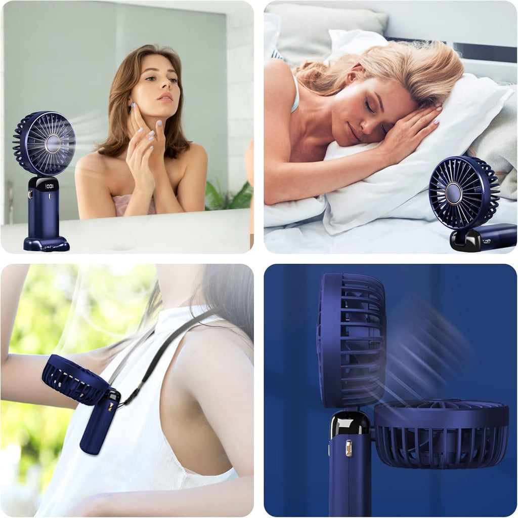 Jsdoin Hand Held Fan,Portable Handheld USB Rechargeable Fans with 5 Speeds,Battery Operated Mini Fan Foldable Desk Desktop Fans with LED Display for Home Office Bedroom Outdoor Travel (Darkblue)
