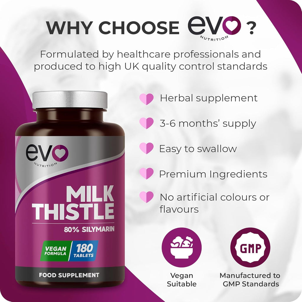 Milk Thistle Tablets | 80% Silymarin | 180 Tablets | Vegan Supplement | Milk Thistle Capsules Alternative | Made in the UK