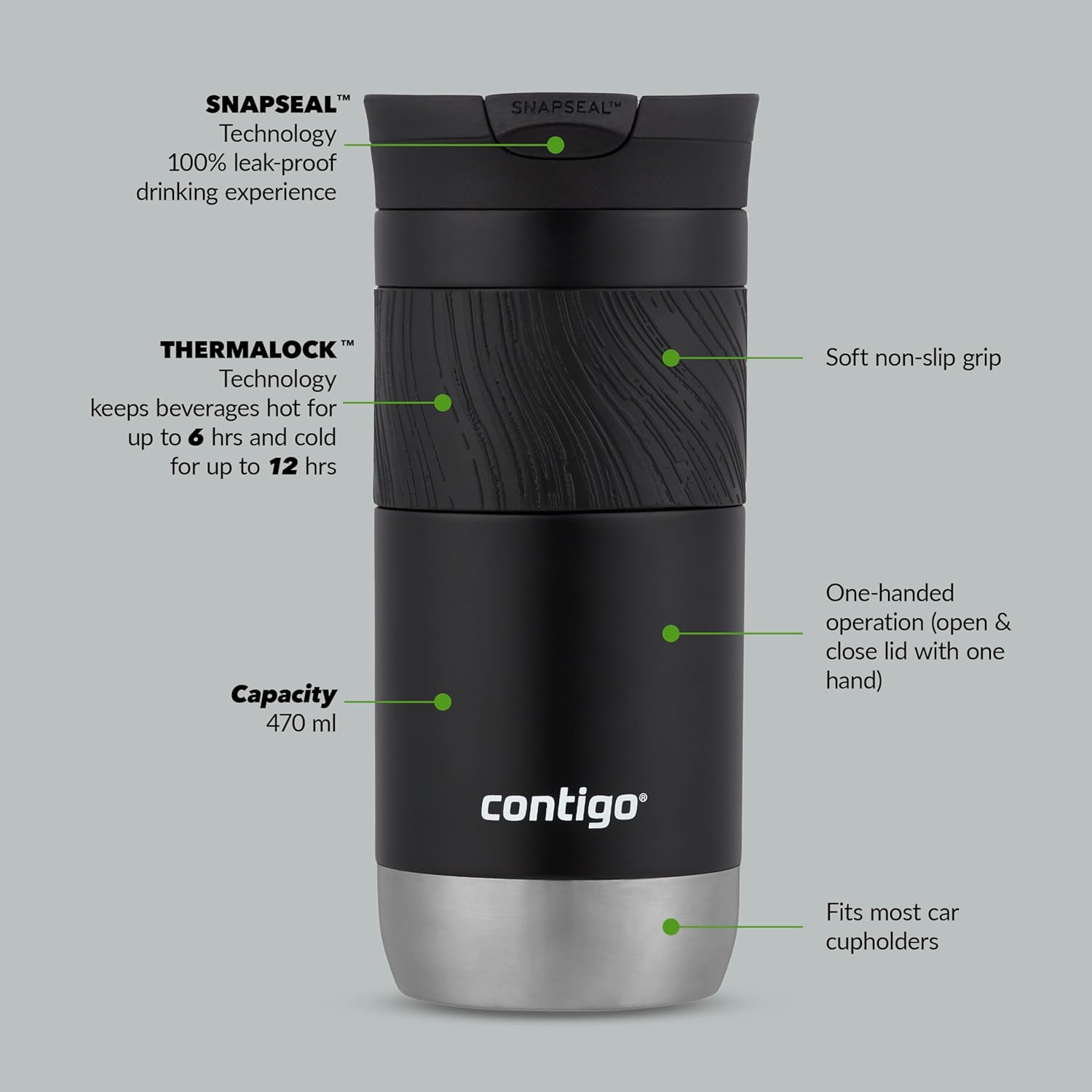 Contigo Byron Snapseal Travel Mug  470ml Licorice | Stainless Steel Thermal-Mug | Insulated Coffee to Go Cup | 100% Leakproof | Keeps Hot for 7 Hours | Dishwasher Safe Lid |