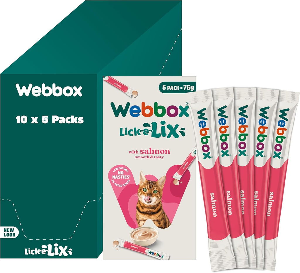 Webbox Lick-E-Lix Cat Treats, Salmon - Kitten Friendly, Grain and Gluten Free, No Artificial Preservatives or Colours (10 X 5 Packs)