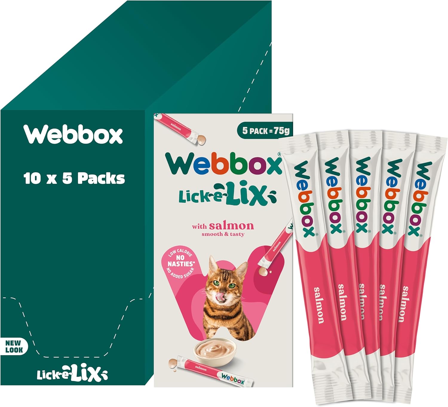 Webbox Lick-E-Lix Cat Treats, Salmon - Kitten Friendly, Grain and Gluten Free, No Artificial Preservatives or Colours (10 X 5 Packs)