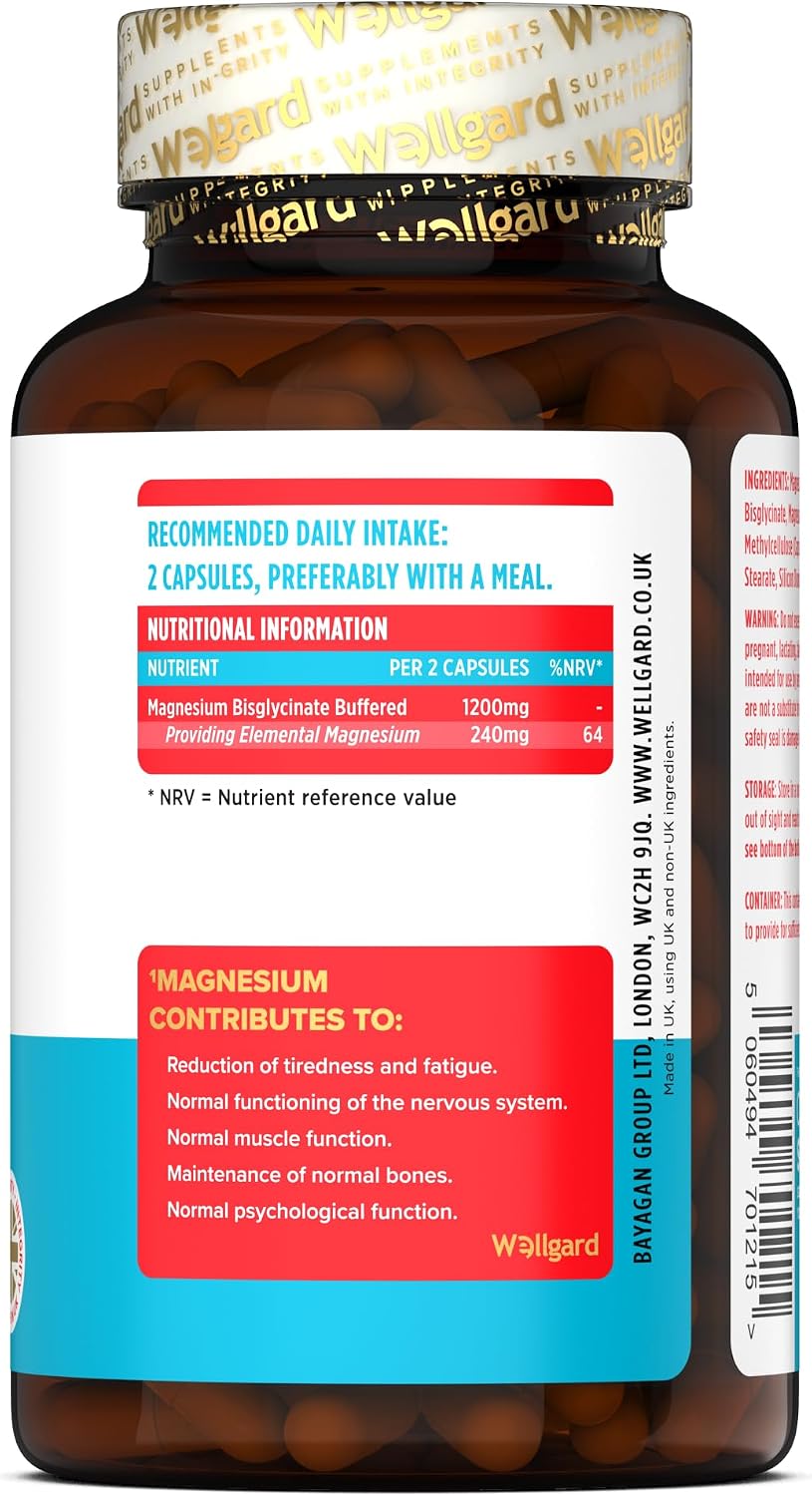 Pure Magnesium Glycinate by Wellgard - Not Mixed with Citrate or Malate, High-Strength Magnesium Supplement, Mag 1200, Vegan, High Absorption Bisglycinate, 240Mg Elemental Magnesium, Made in UK