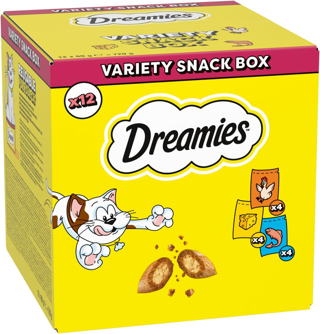 DREAMIES - Cat Treats - 12 X 60G - Multipack Biscuits - Variety Snack Box - 12 Pouches