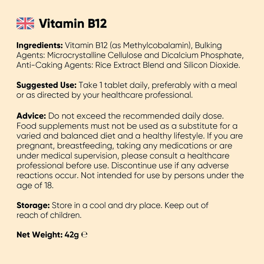 Vitamin B12 Tablets - 450 Tablets (1+ Year Supply) - 1 per Day - 1000Mcg - 6Mm in Size - Easy to Swallow - Methylcobalamin Form - Vegan Vitamin B12 Supplement for Men & Women - Made in the UK