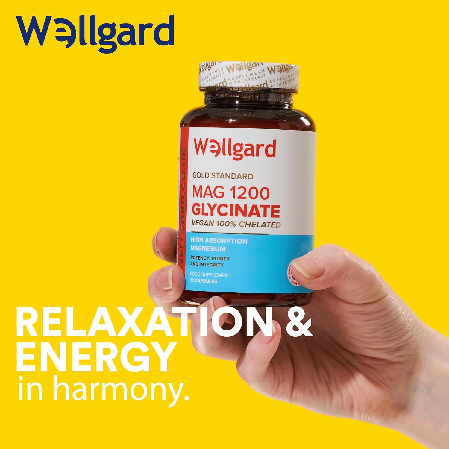 Pure Magnesium Glycinate by Wellgard - Not Mixed with Citrate or Malate, High-Strength Magnesium Supplement, Mag 1200, Vegan, High Absorption Bisglycinate, 240Mg Elemental Magnesium, Made in UK