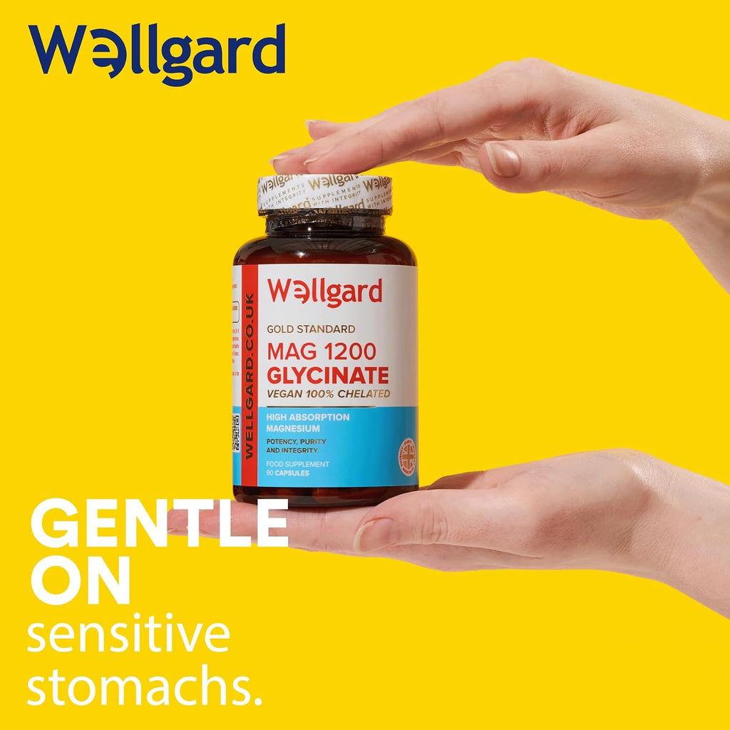 Pure Magnesium Glycinate by Wellgard - Not Mixed with Citrate or Malate, High-Strength Magnesium Supplement, Mag 1200, Vegan, High Absorption Bisglycinate, 240Mg Elemental Magnesium, Made in UK