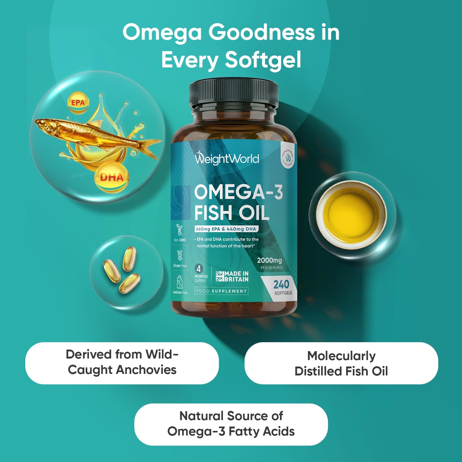 Omega 3 Fish Oil 2000Mg - 240 Softgels (4 Months Supply) - 660Mg EPA & 440Mg DHA - Omega 3 Fatty Acids Supplements - Non-Gmo, Gluten-Free & Lactose-Free - Fish Oil Capsules - Made in the UK