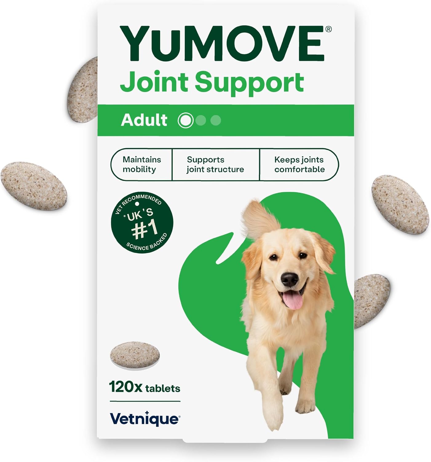 Yumove Joint Supplement for Dogs, Essential Dog Hip and Joint Support for Adult Dogs with Glucosamine, Chondroitin, Green Lipped Mussel, Aged 6 to 8, 120 Tablets
