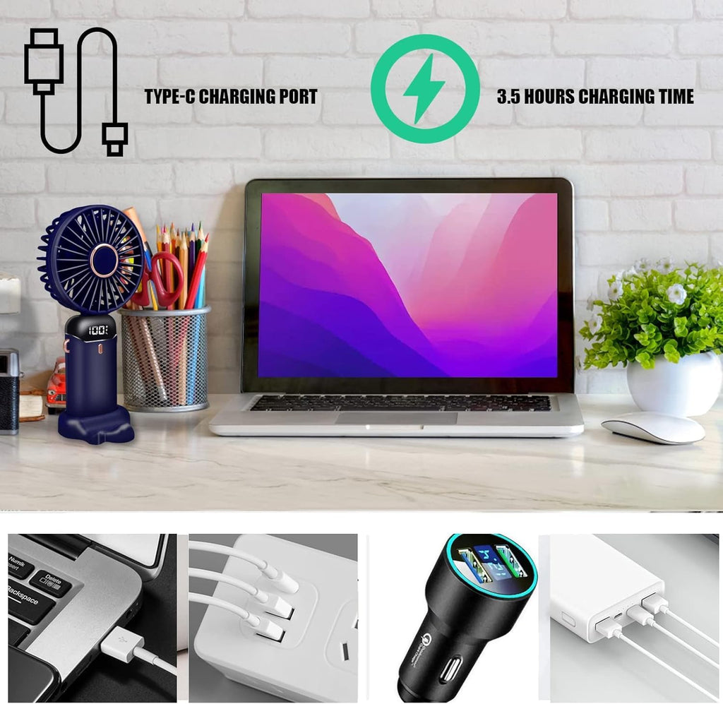 Jsdoin Hand Held Fan,Portable Handheld USB Rechargeable Fans with 5 Speeds,Battery Operated Mini Fan Foldable Desk Desktop Fans with LED Display for Home Office Bedroom Outdoor Travel (Darkblue)
