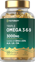 Horbäach Triple Omega 3 6 9 Capsules 3000Mg ALA, LA & OA | 120 Softgels | High Strength EPA & DHA Essential Fatty Acids | Supplement with Fish Oil, Flaxseed & Sunflower Oil | by Horbaach