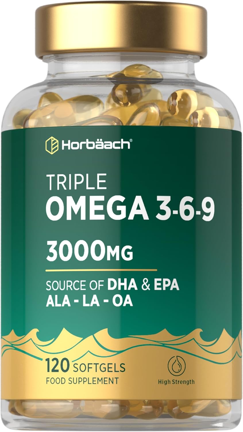 Horbäach Triple Omega 3 6 9 Capsules 3000Mg ALA, LA & OA | 120 Softgels | High Strength EPA & DHA Essential Fatty Acids | Supplement with Fish Oil, Flaxseed & Sunflower Oil | by Horbaach