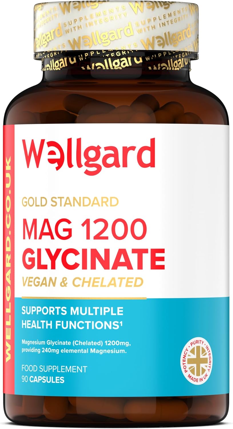 Pure Magnesium Glycinate by Wellgard - Not Mixed with Citrate or Malate, High-Strength Magnesium Supplement, Mag 1200, Vegan, High Absorption Bisglycinate, 240Mg Elemental Magnesium, Made in UK
