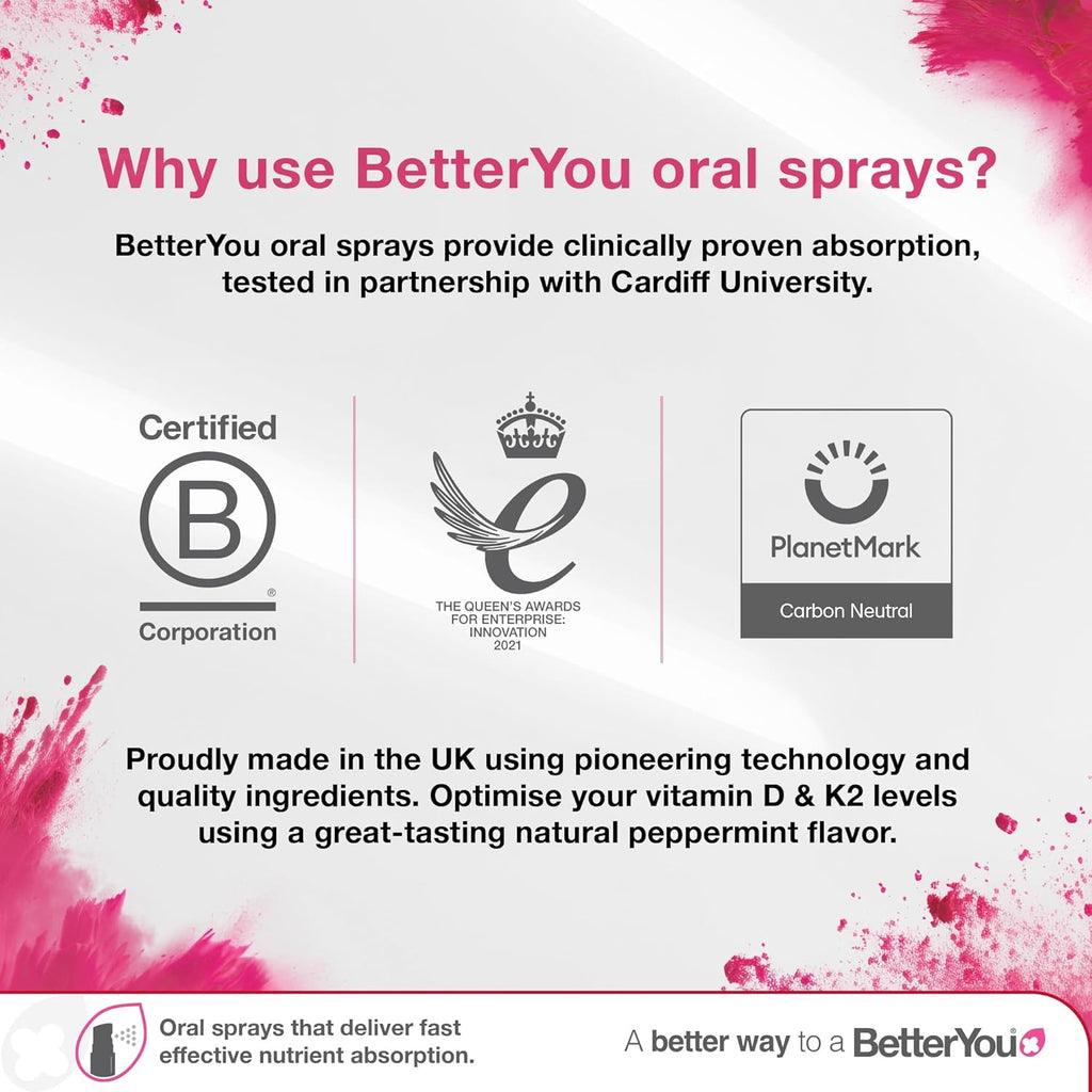 Betteryou Vitamin D3 K2 Oral Spray, Fast Acting Vitamin D 3000 IU + Vitamin K2 (MK7) Supplement, Supports Bones, Teeth