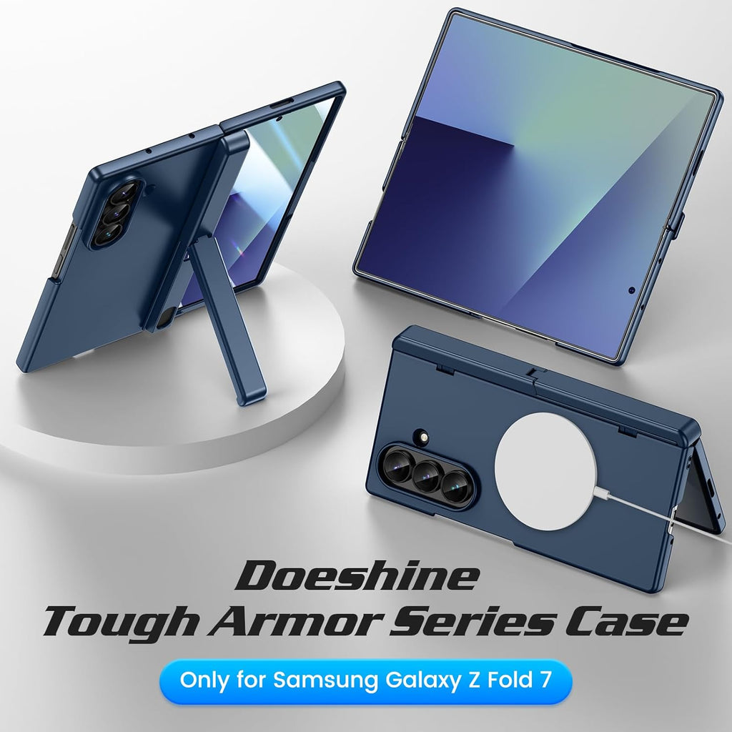 Doeshine for Samsung Galaxy Z Fold 7 Case with Kickstand Military-Grade Shockproof Protective Phone Case Cover (Blue) & Front Screen Protector, [Support Wireless Charging] Magnetic Hinge Protection, 