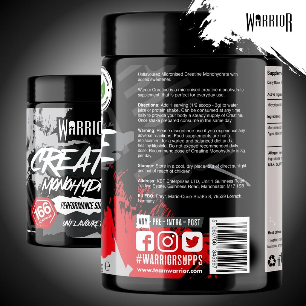 Warrior Creatine Monohydrate Powder 500G (166 Servings) Unflavoured – Pure Creatine Powder