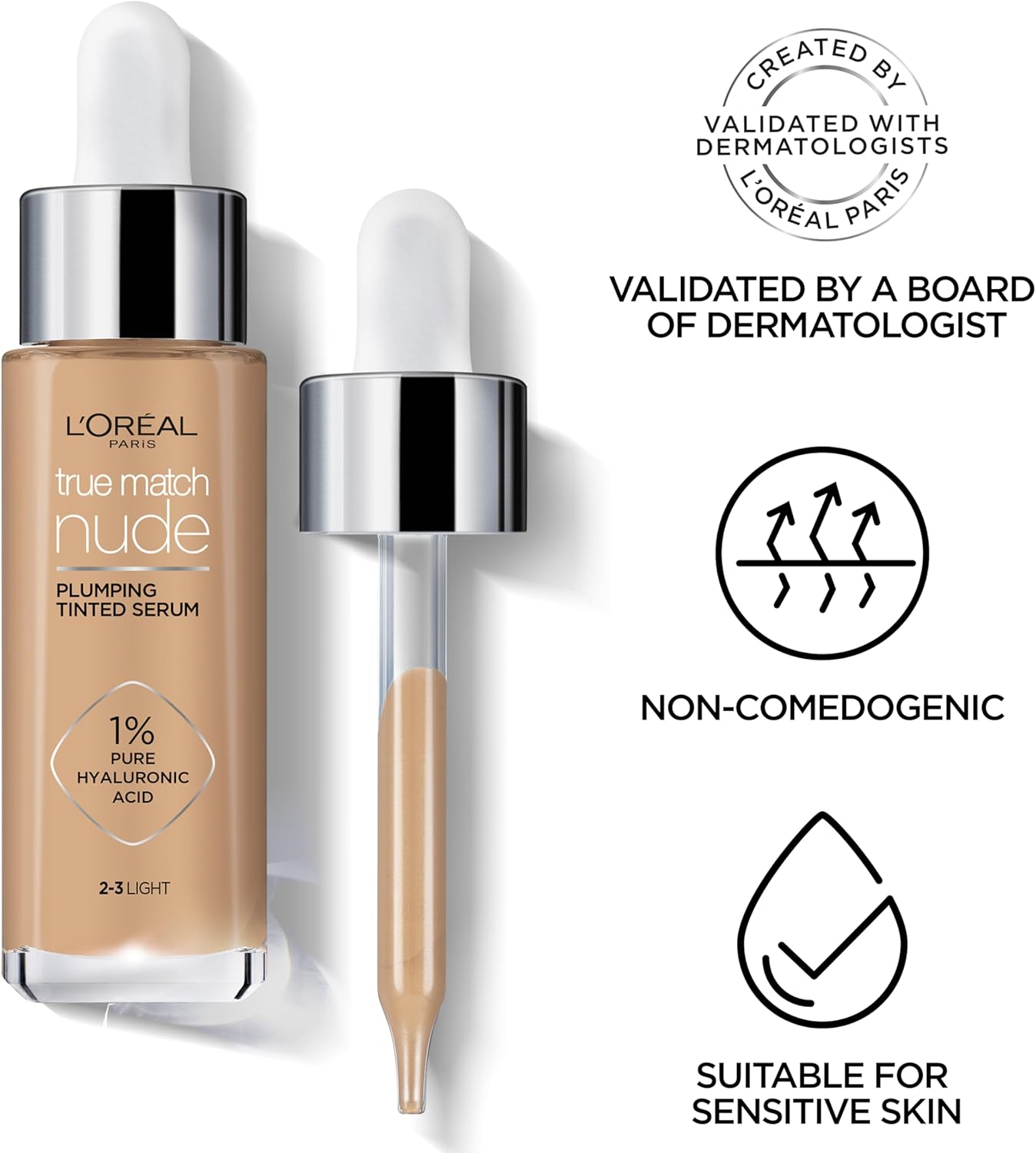 L'Oréal Paris Nude Tinted Serum for Face, Shade 4-5 Medium, Plumping and Hydrating Face Makeup, 1 Percent Pure Hyaluronic Acid, Nude Foundation to Cover, Replumps and Hydrates Skin in One Hour