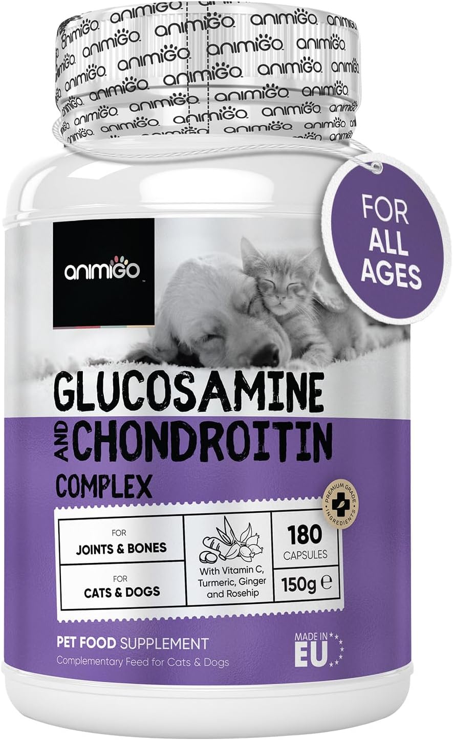 Animigo Glucosamine for Dogs & Cats with Chondroitin (1075Mg) - 180 Capsules - Hip & Joint Supplement for Dogs & Cats of All Ages - with Turmeric, Ginger, Vitamin C & Rosehip - Cats & Dogs Joint Care