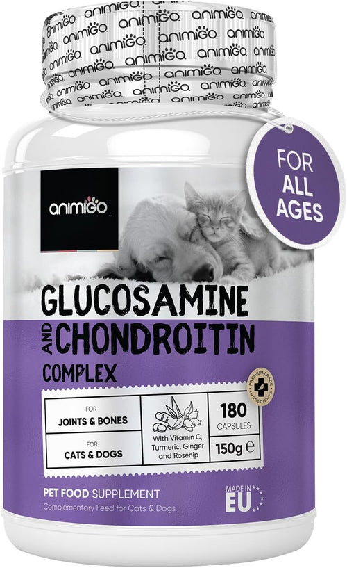 Animigo Glucosamine for Dogs & Cats with Chondroitin (1075Mg) - 180 Capsules - Hip & Joint Supplement for Dogs & Cats of All Ages - with Turmeric, Ginger, Vitamin C & Rosehip - Cats & Dogs Joint Care