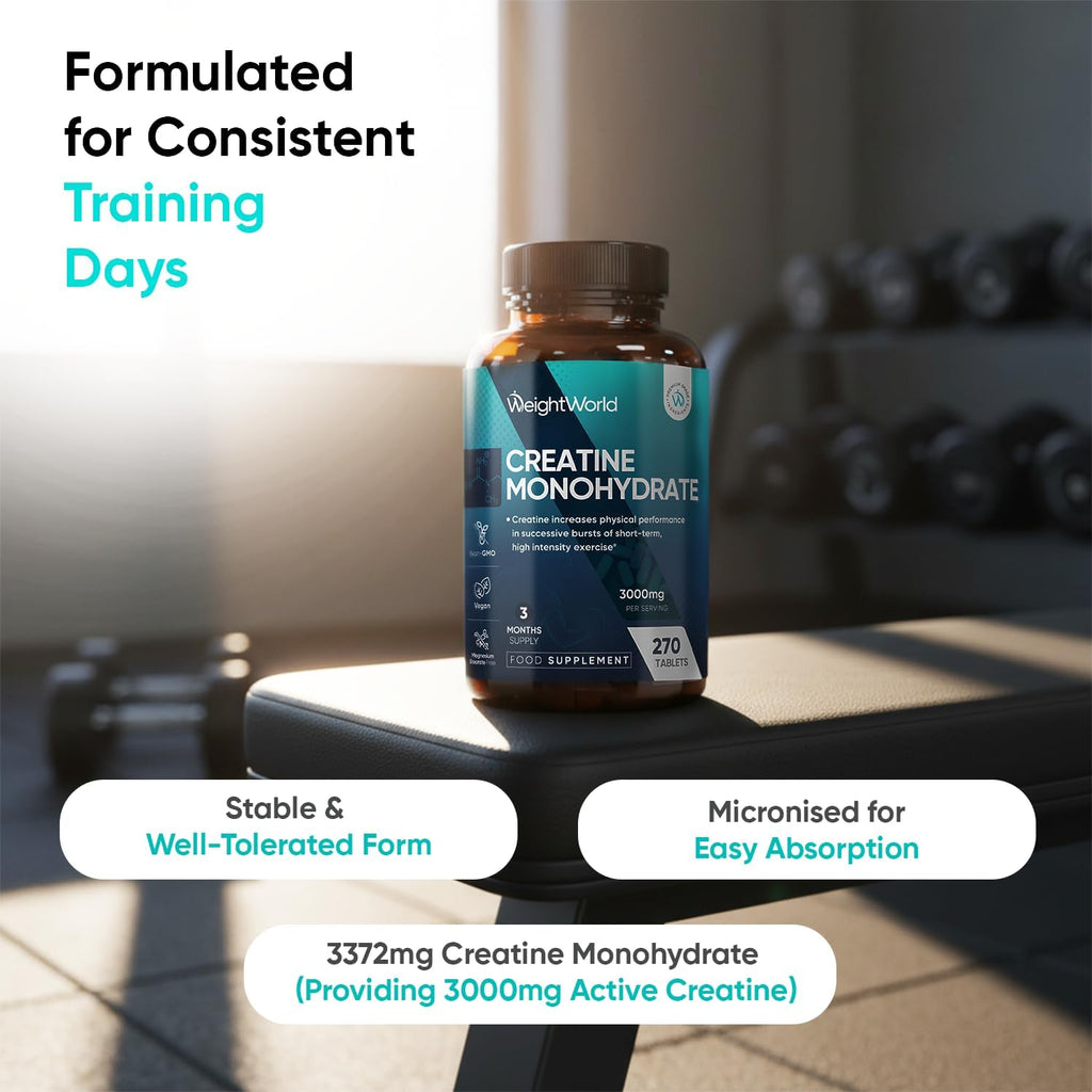 Creatine Monohydrate 3000Mg - 270 Vegan Tablets - 3 Months Supply - Micronised for Easy Absorption - Creatine Monohydrate Powder Tablets for Men & Women - Unflavoured, Keto-Friendly & Gmp-Approved