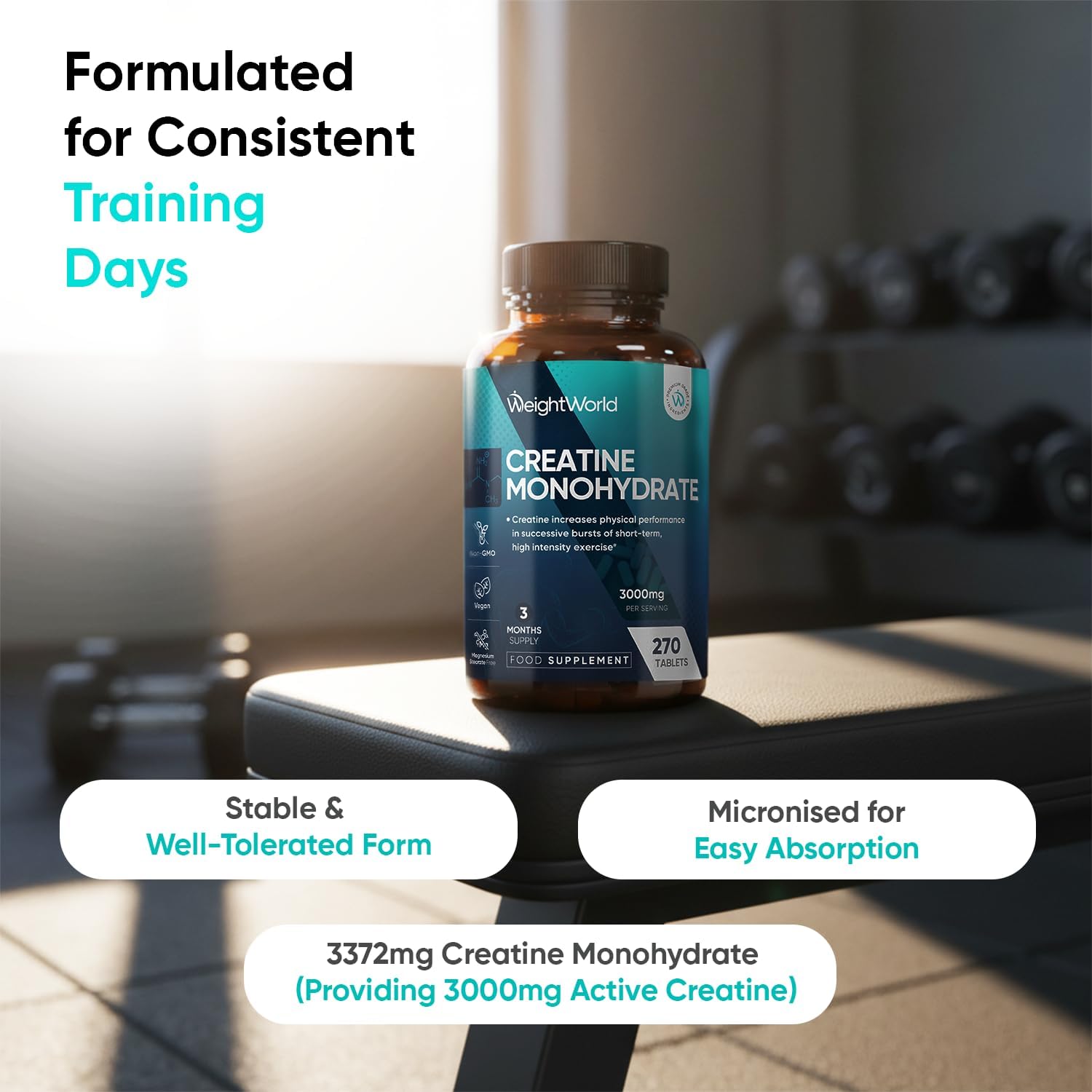 Creatine Monohydrate 3000Mg - 270 Vegan Tablets - 3 Months Supply - Micronised for Easy Absorption - Creatine Monohydrate Powder Tablets for Men & Women - Unflavoured, Keto-Friendly & Gmp-Approved