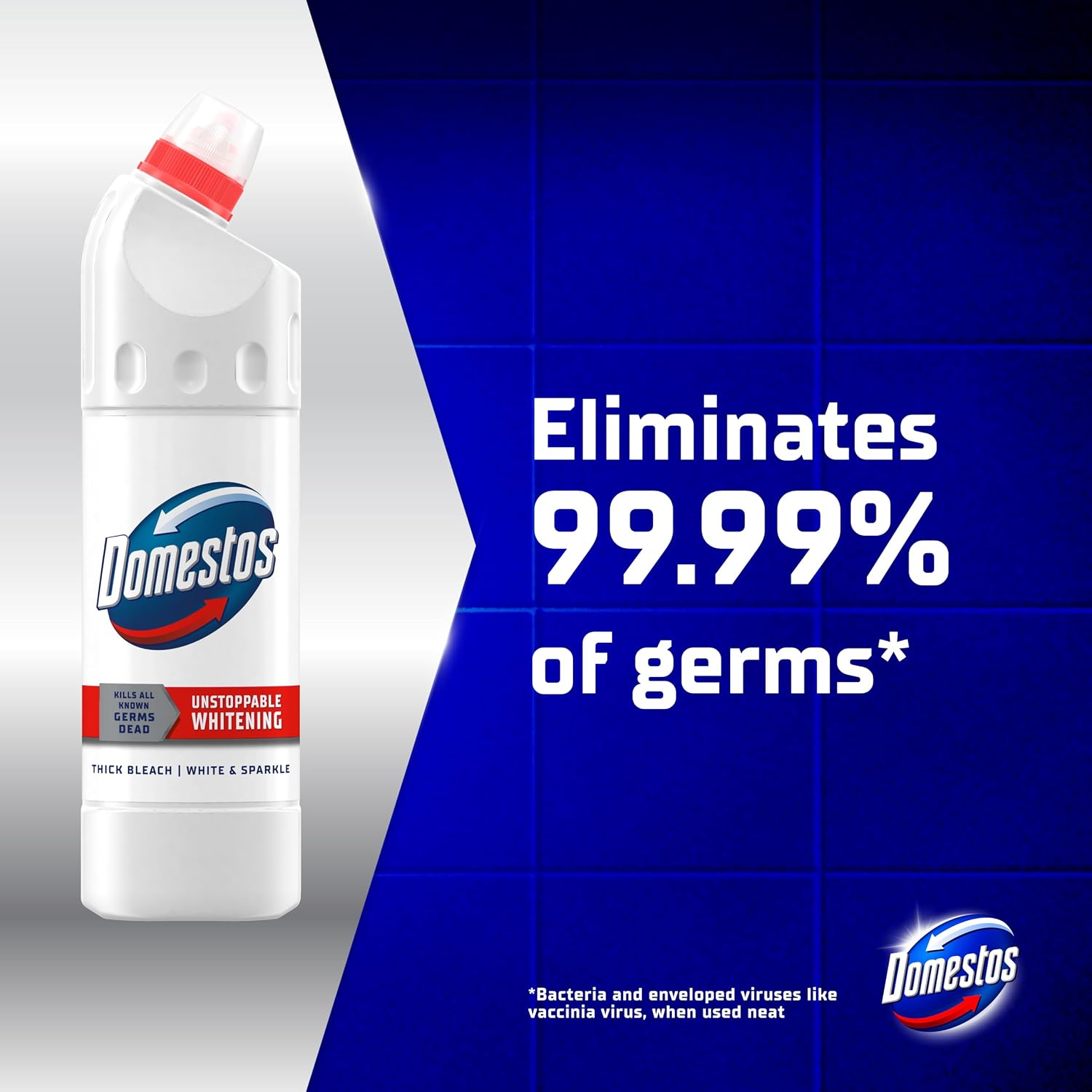 Domestos White & Sparkle Thick Bleach Disinfectant That Eliminates 99.99% of Bacteria and Viruses* Unstoppable Whitening Power 750 Ml
