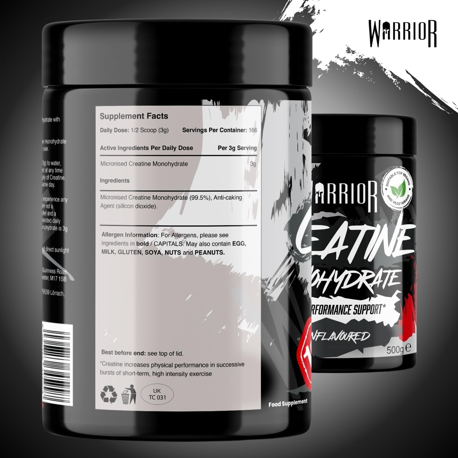 Warrior Creatine Monohydrate Powder 500G (166 Servings) Unflavoured – Pure Creatine Powder