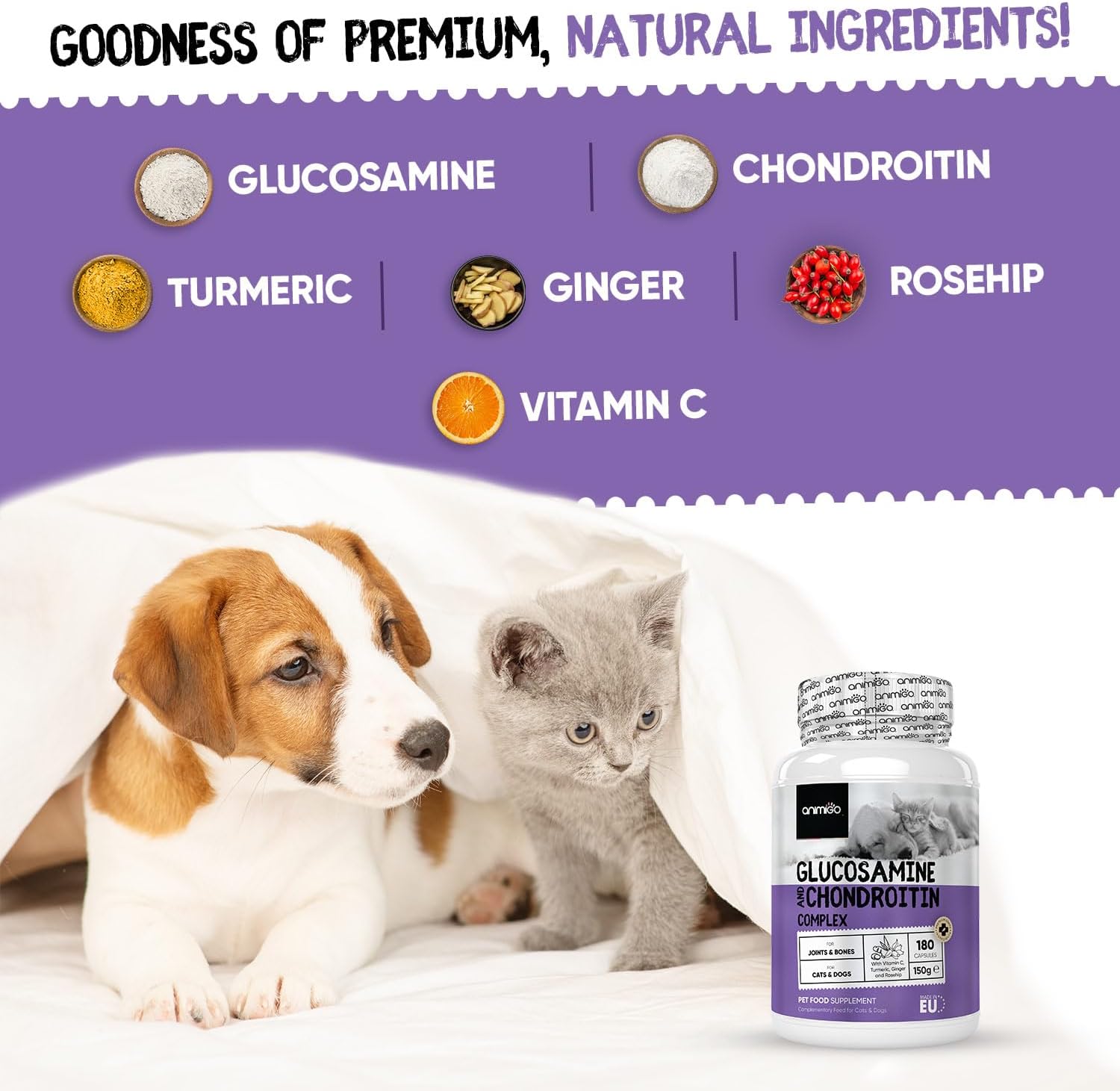 Animigo Glucosamine for Dogs & Cats with Chondroitin (1075Mg) - 180 Capsules - Hip & Joint Supplement for Dogs & Cats of All Ages - with Turmeric, Ginger, Vitamin C & Rosehip - Cats & Dogs Joint Care