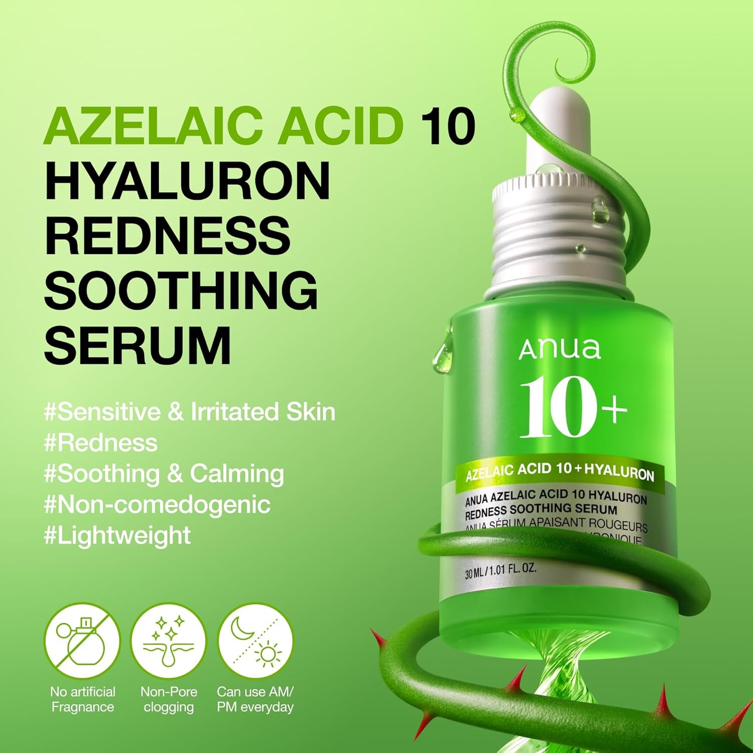 Anua Azelaic Acid 10 Hyaluron Redness Soothing Serum, Facial Serum for Blemish-Prone & Oily-Prone Skin, Lightweight & Hydrating Blemish Care, Hyaluronic Acid, Korean Skincare, 30Ml