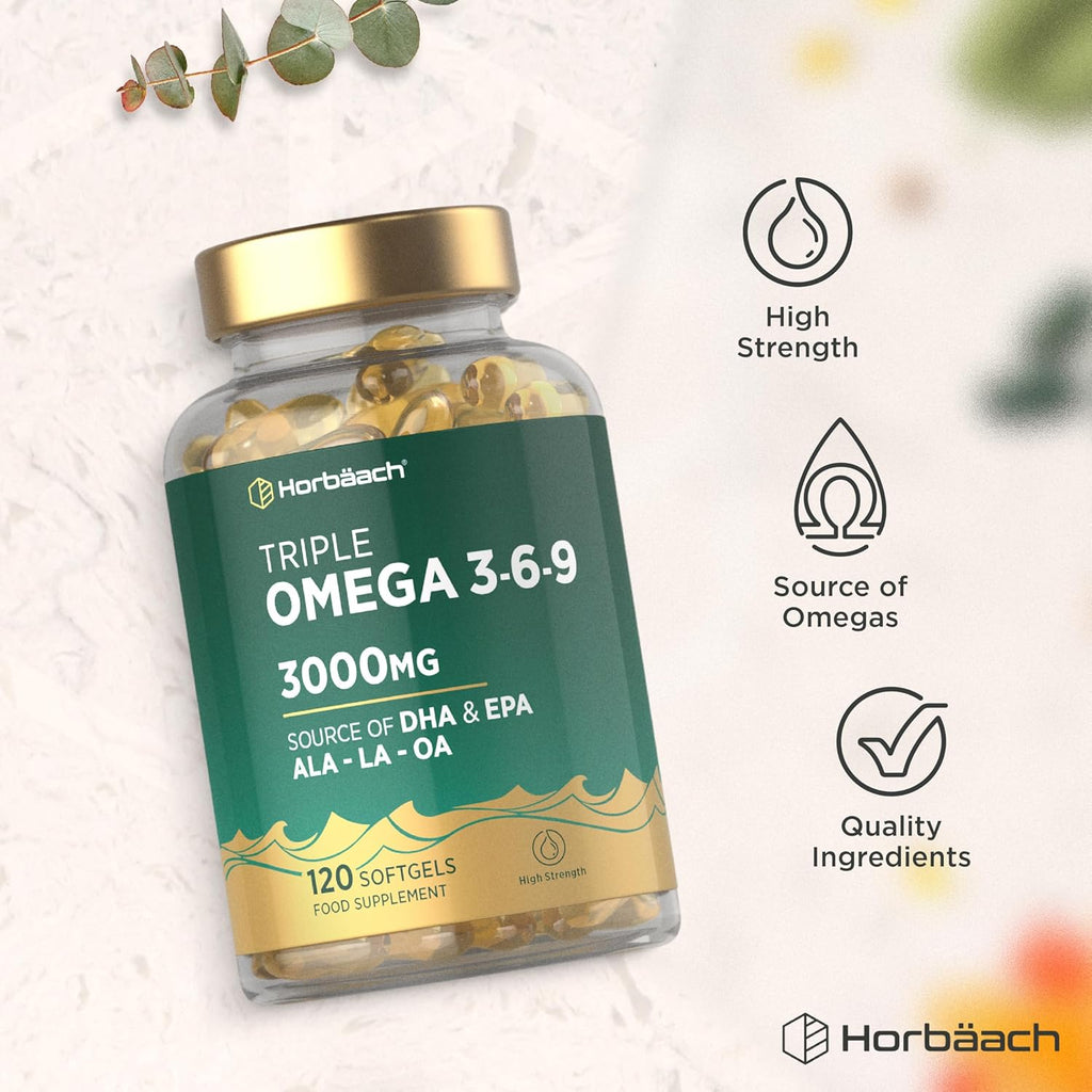 Horbäach Triple Omega 3 6 9 Capsules 3000Mg ALA, LA & OA | 120 Softgels | High Strength EPA & DHA Essential Fatty Acids | Supplement with Fish Oil, Flaxseed & Sunflower Oil | by Horbaach