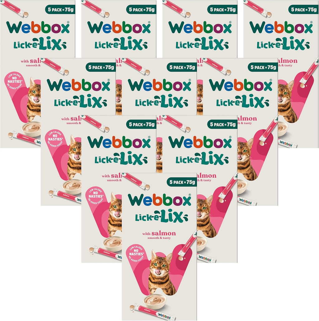 Webbox Lick-E-Lix Cat Treats, Salmon - Kitten Friendly, Grain and Gluten Free, No Artificial Preservatives or Colours (10 X 5 Packs)