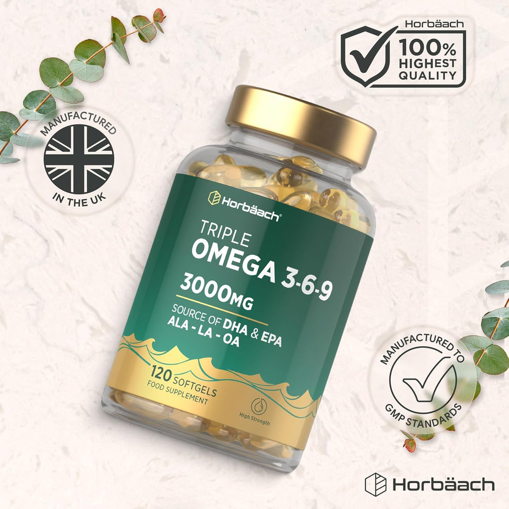 Horbäach Triple Omega 3 6 9 Capsules 3000Mg ALA, LA & OA | 120 Softgels | High Strength EPA & DHA Essential Fatty Acids | Supplement with Fish Oil, Flaxseed & Sunflower Oil | by Horbaach