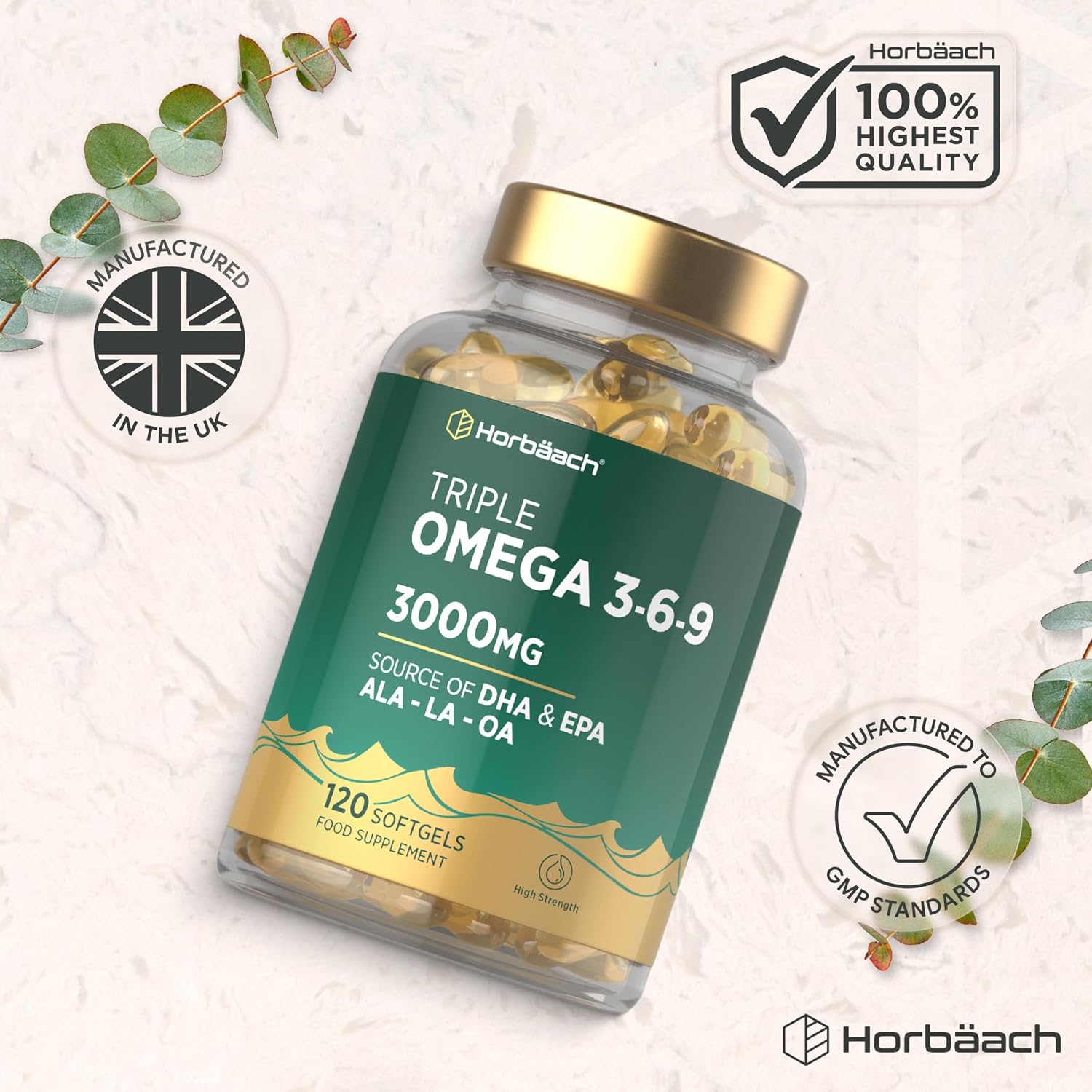 Horbäach Triple Omega 3 6 9 Capsules 3000Mg ALA, LA & OA | 120 Softgels | High Strength EPA & DHA Essential Fatty Acids | Supplement with Fish Oil, Flaxseed & Sunflower Oil | by Horbaach