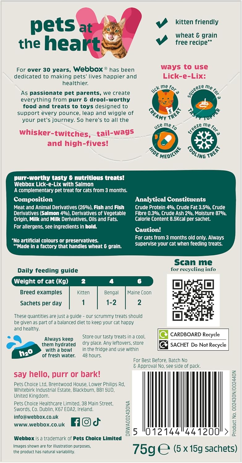 Webbox Lick-E-Lix Cat Treats, Salmon - Kitten Friendly, Grain and Gluten Free, No Artificial Preservatives or Colours (10 X 5 Packs)
