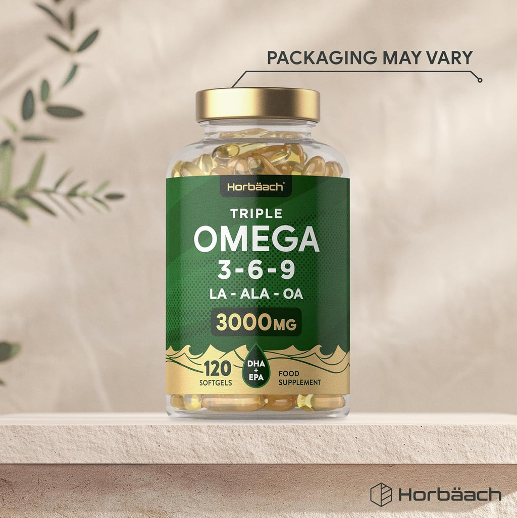 Horbäach Triple Omega 3 6 9 Capsules 3000Mg ALA, LA & OA | 120 Softgels | High Strength EPA & DHA Essential Fatty Acids | Supplement with Fish Oil, Flaxseed & Sunflower Oil | by Horbaach