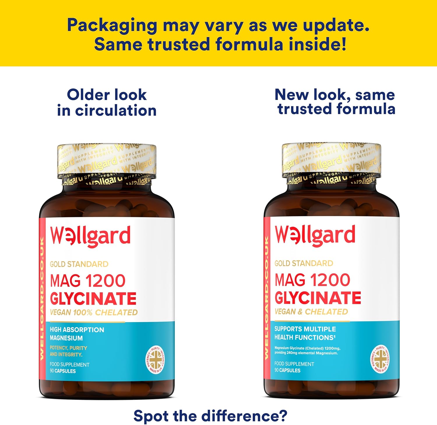 Pure Magnesium Glycinate by Wellgard - Not Mixed with Citrate or Malate, High-Strength Magnesium Supplement, Mag 1200, Vegan, High Absorption Bisglycinate, 240Mg Elemental Magnesium, Made in UK
