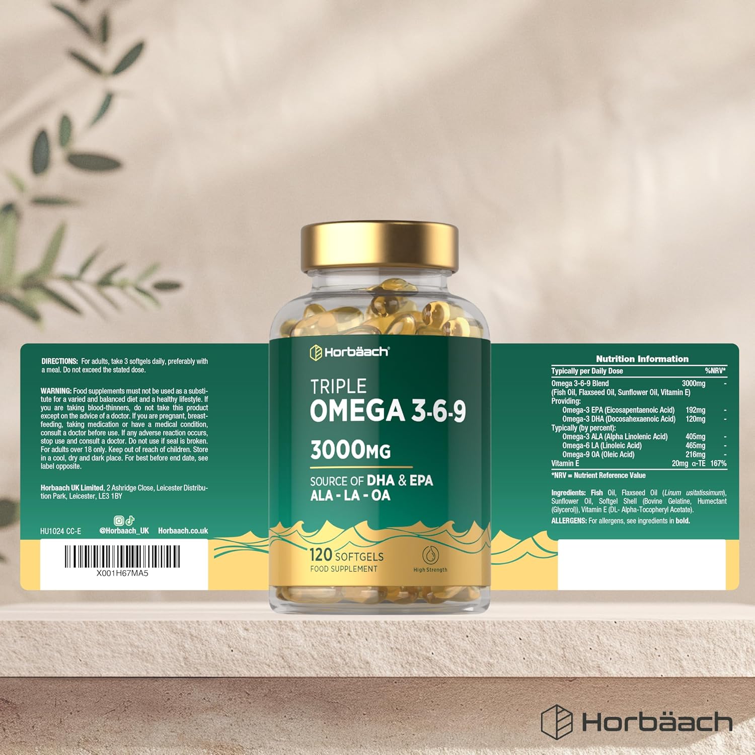 Horbäach Triple Omega 3 6 9 Capsules 3000Mg ALA, LA & OA | 120 Softgels | High Strength EPA & DHA Essential Fatty Acids | Supplement with Fish Oil, Flaxseed & Sunflower Oil | by Horbaach
