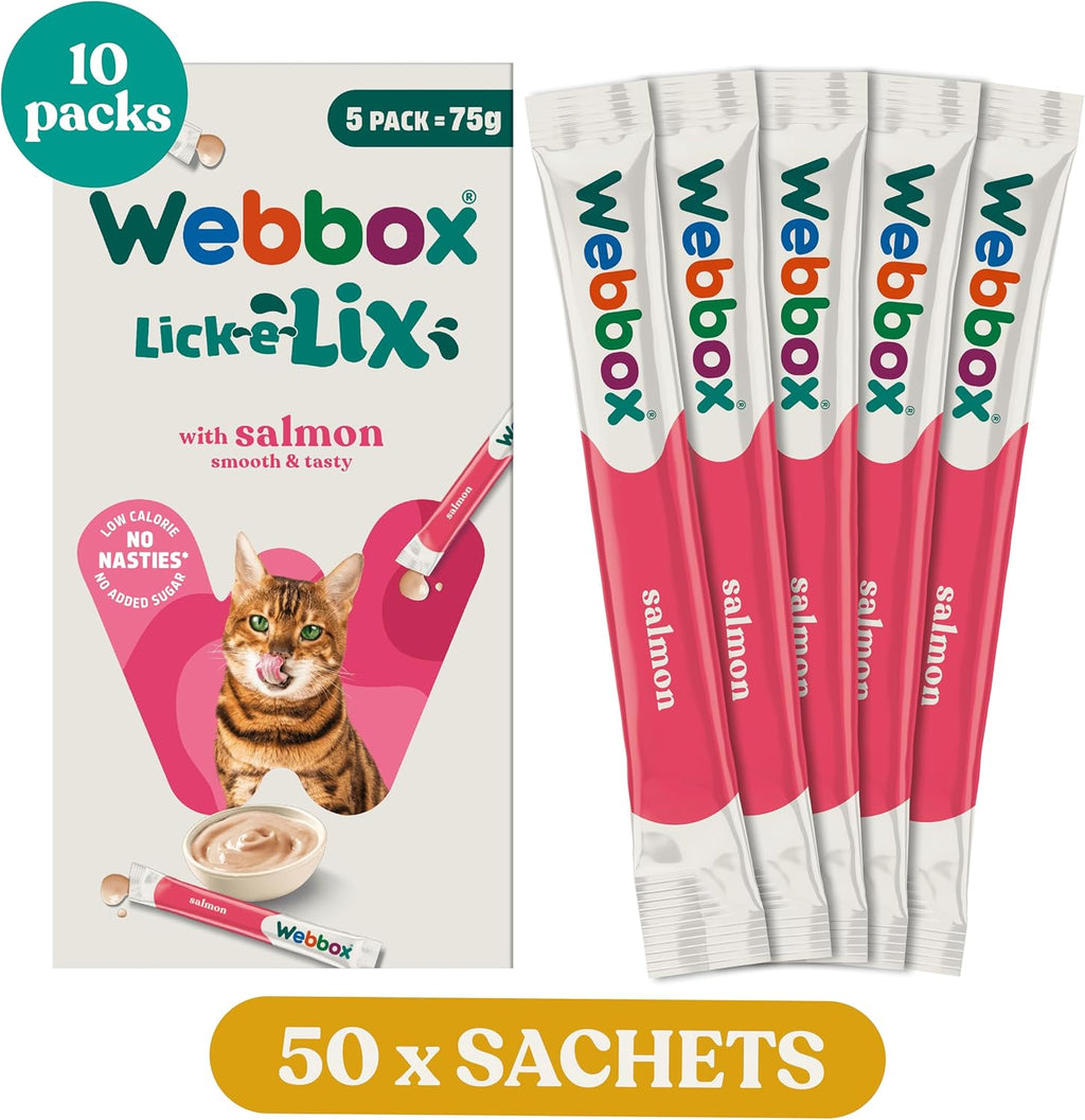 Webbox Lick-E-Lix Cat Treats, Salmon - Kitten Friendly, Grain and Gluten Free, No Artificial Preservatives or Colours (10 X 5 Packs)
