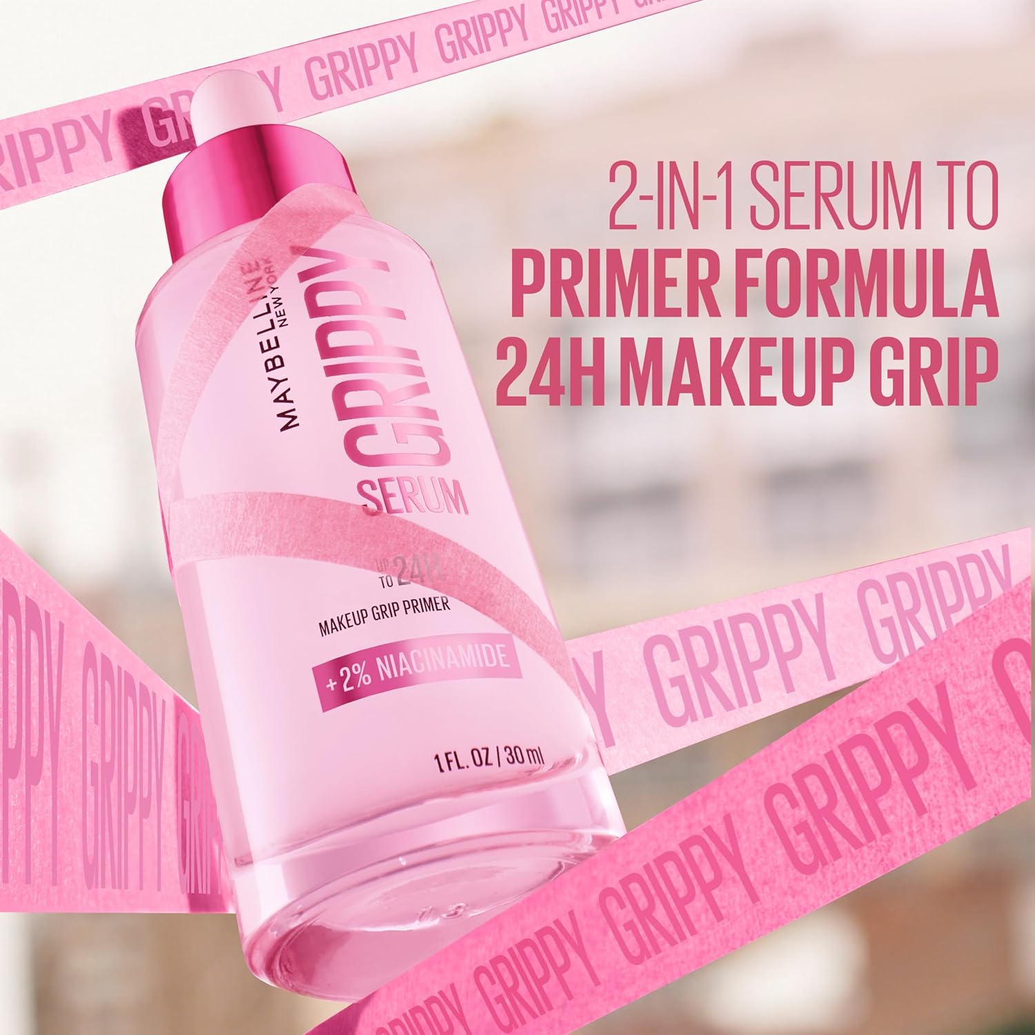 Maybelline New York Grippy Serum Makeup Primer 30ml, Glides on like a Serum, up to 24H Wear, Instantly Plumps & Hydrates Skin, +2% Niacinamide, Water-Based Formula, Suitable for All Skin Types (30Ml)