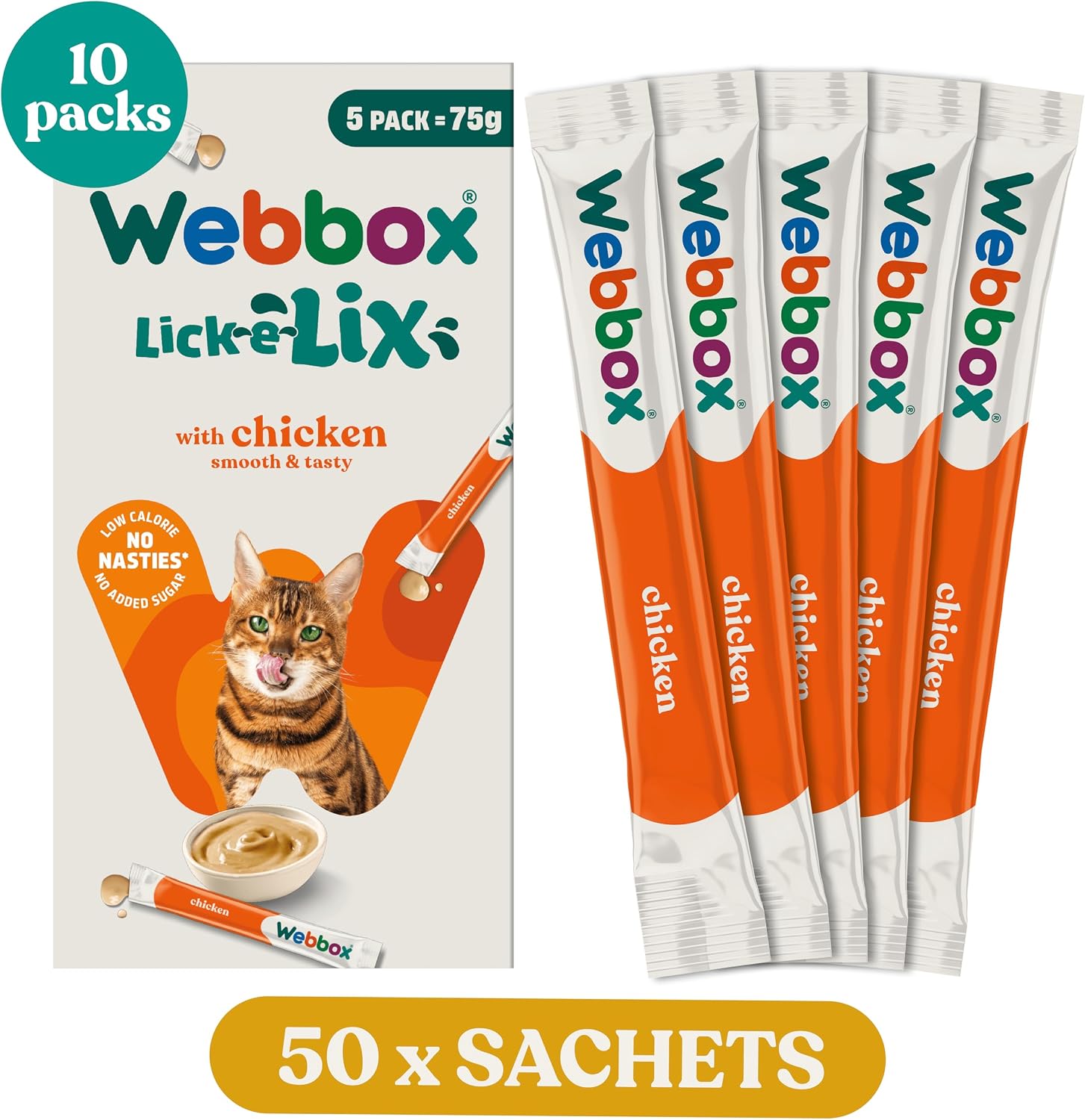 Webbox Lick-E-Lix Cat Treats, Chicken - Kitten Friendly, Grain and Gluten Free, No Artificial Preservatives or Colours (10 X 5 Packs)